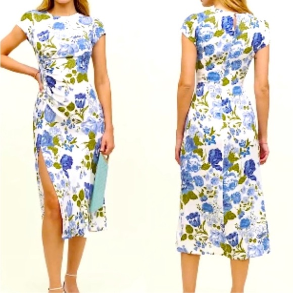 NWT Reformation Blue Floral Midi DressSlit Ruched Cottagecore Wedding Guest